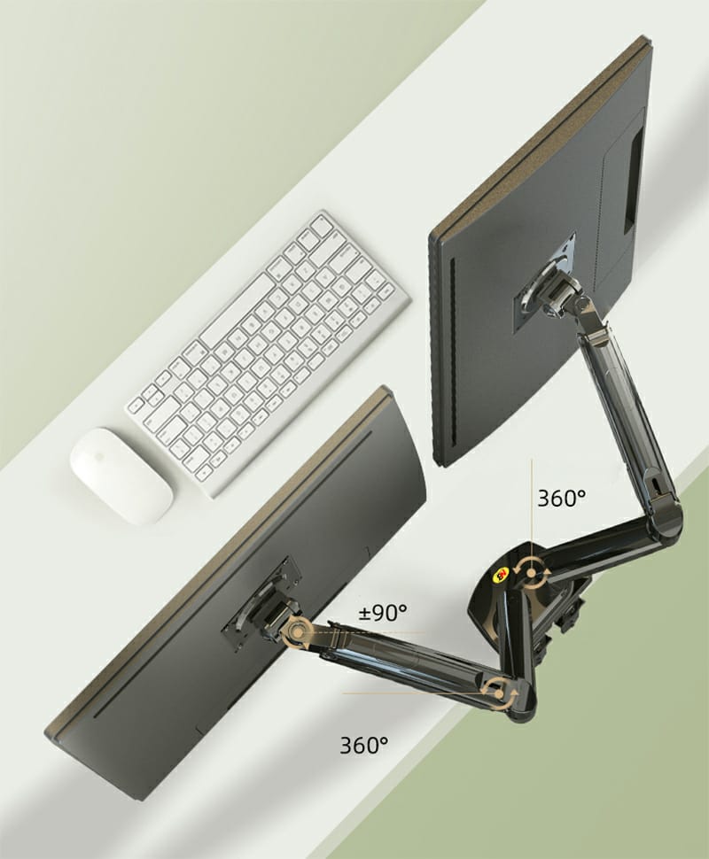 Dual Monitor Desk Mount Stand Gas Spring 360 Degree Full Rotation ; Computer Monitor Arm for Two Screens 17″ – 27″ Inch with 2~9 Kg Load Capacity for Each Display ; F160 Dual Monitor Desk Mount Stand Gas Spring 360 Degree Full Rotation ; Computer Monitor Arm for Two Screens 17″ – 27″ Inch with 2~9 Kg Load Capacity for Each Display ; F160